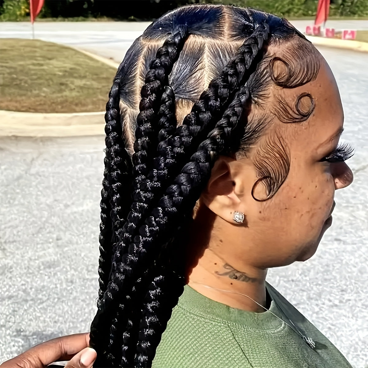 36" Full Lace Front Wig for Women - Knotless Box Braided Synthetic Hair, High-Density 180%, Black with Natural Highlights, Perfect for Casual Attire or Special Occasions